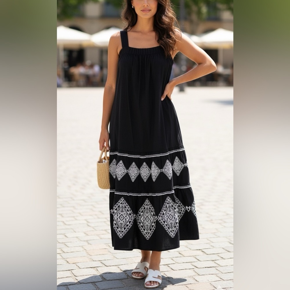 🎉HP🎉C&A premium women's black long flowy embroidered dress EUC